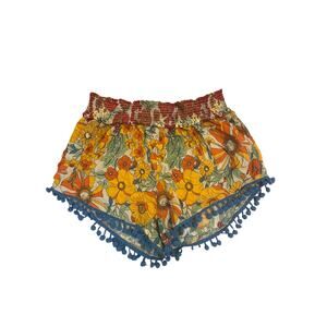 Women M Natural Life Floral Printed Shorts Smocked Printed Pom Pom Trim Boho